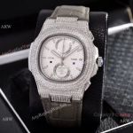 Japan Grade Patek Philippe Copy Watches Nautilus Diamonds Watches Gray Leather Strap